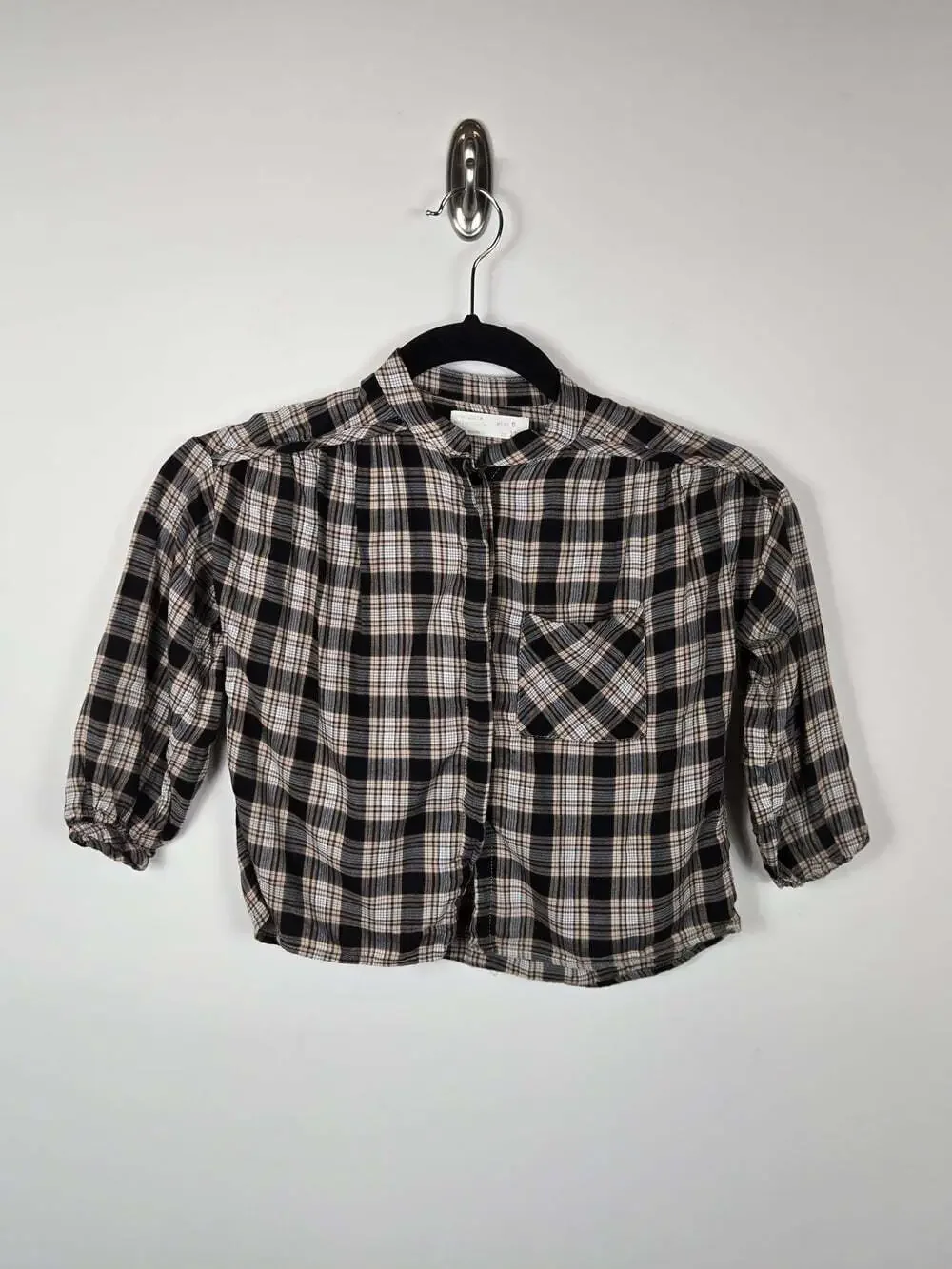 Zara Girls Plaid Button Front Shirt Size 5 110 Black Beige Grunge Academia